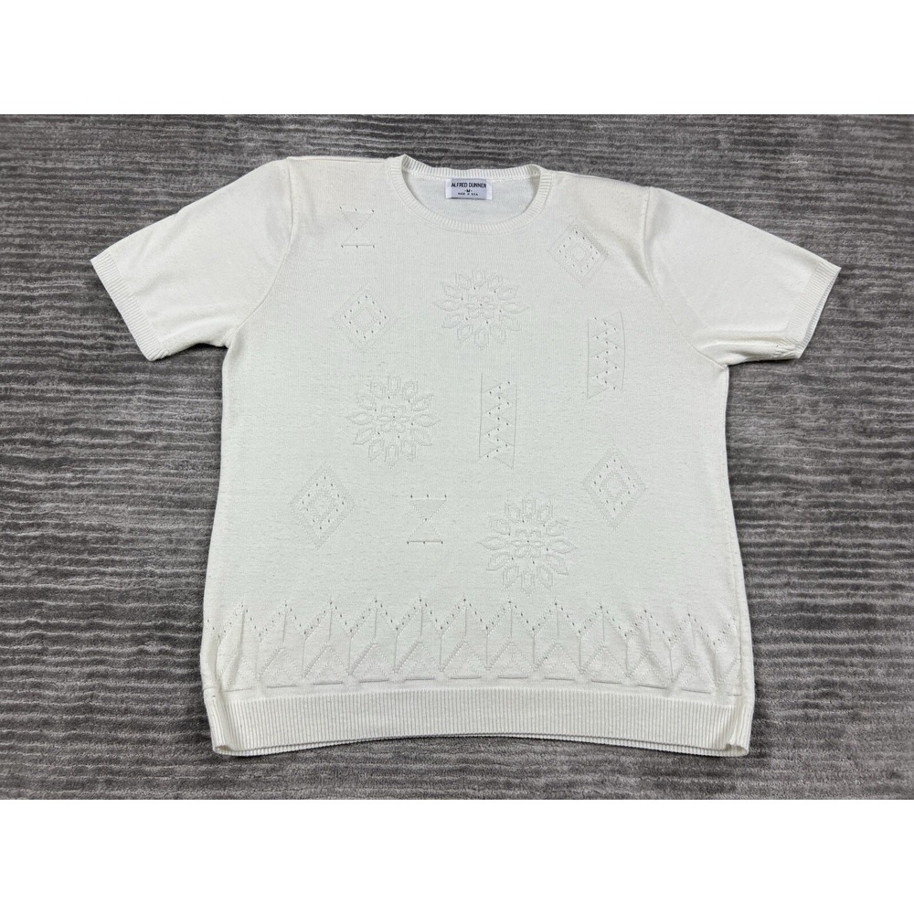 Alfred Dunner Sweater Womens M Ivory Short Sleeve Floral Pointelle Knit Vintage